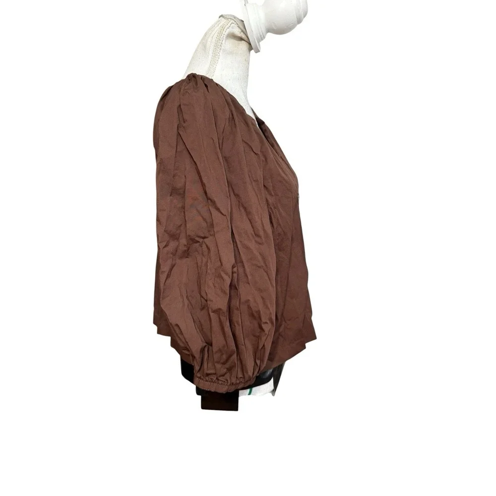 STAUD New Dill Top Brown Cotton Poplin Puff Sleeve Button Front Quiet Luxury L